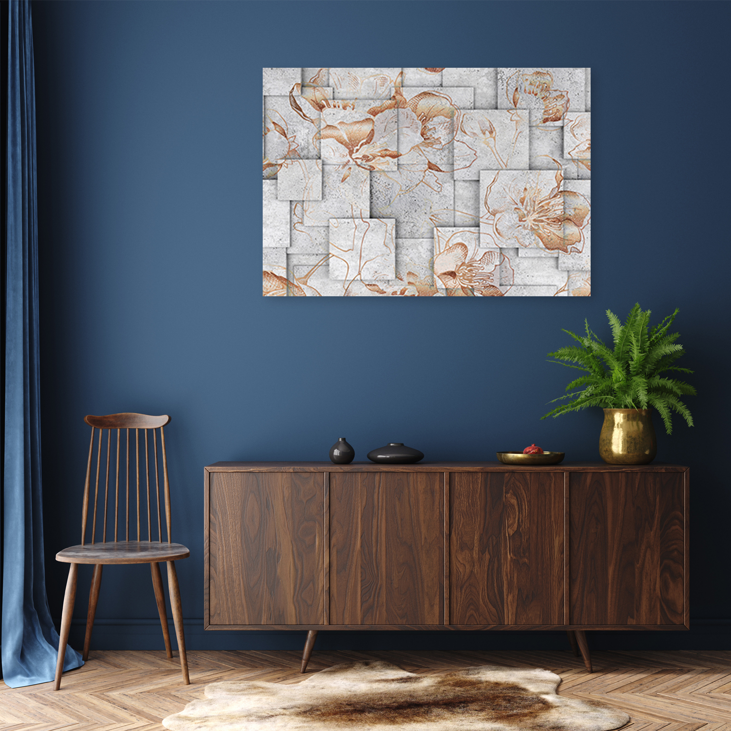 Mock up poster on table in room - 3D render, 3D illustration