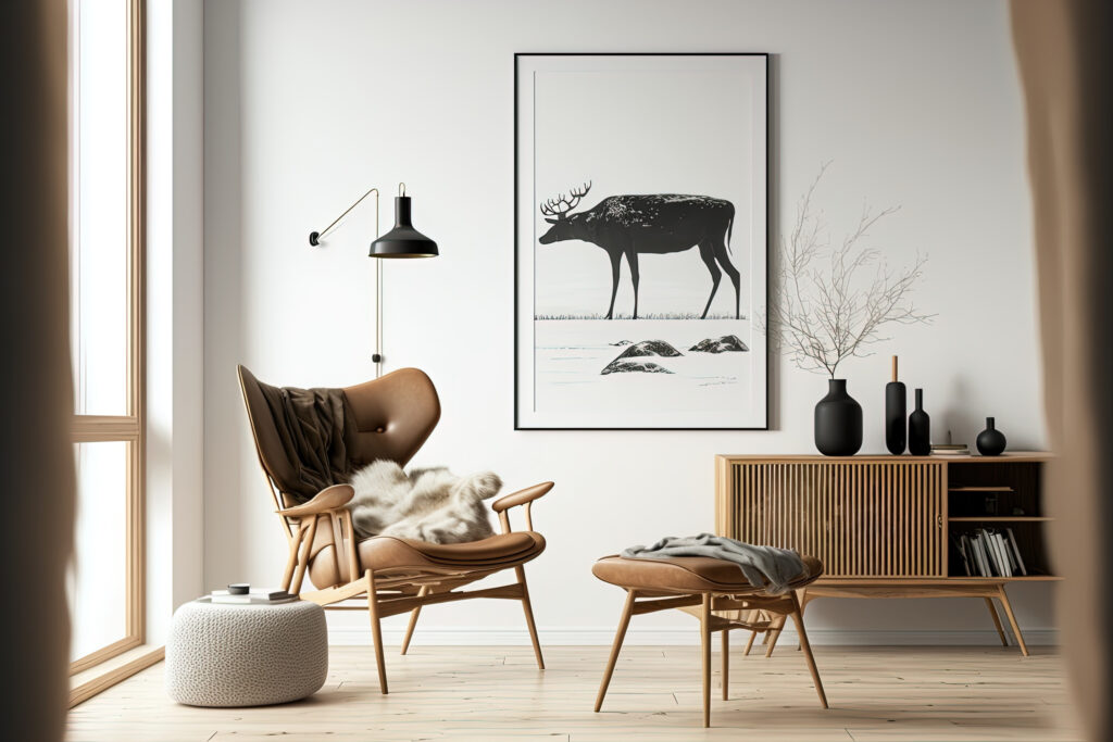 Stylish scandinavian composition of living room with design armchair, black mock up poster frame, commode, wooden stool, book, decoration, loft wall and personal accessories in modern home decor. Generative AI