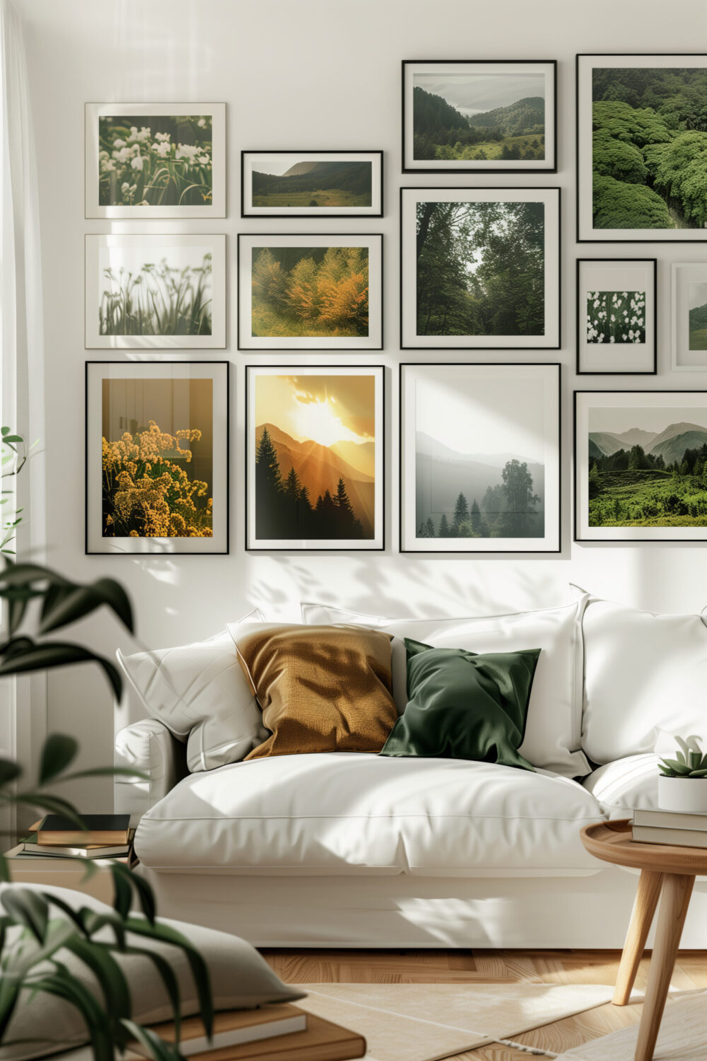 Stylish modern living room interior with many picture frames hanging on the wall above a sofa. Cozy living room arrangement with big window, soft blankets and pillows and house plants.