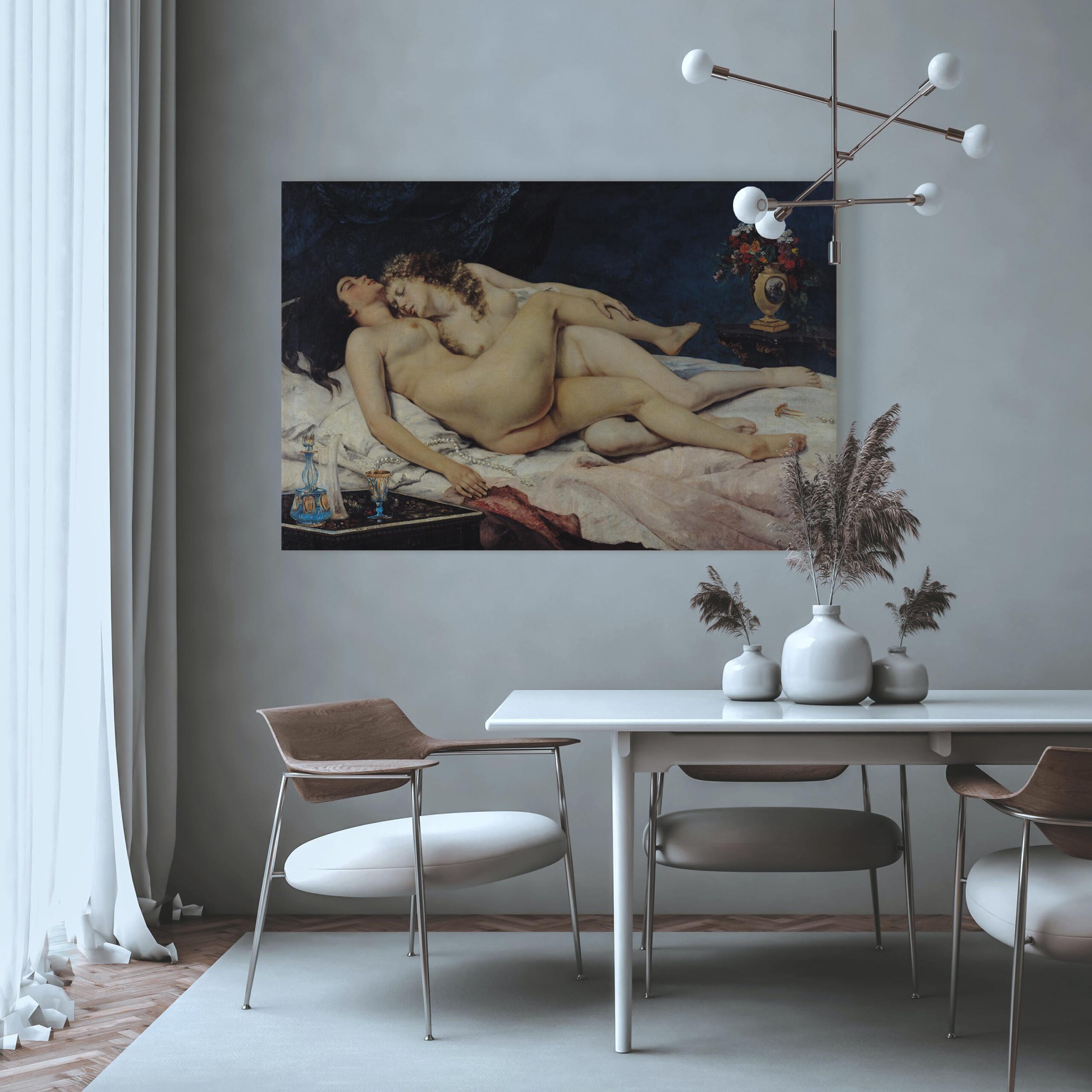 Navy blue bedroom with art