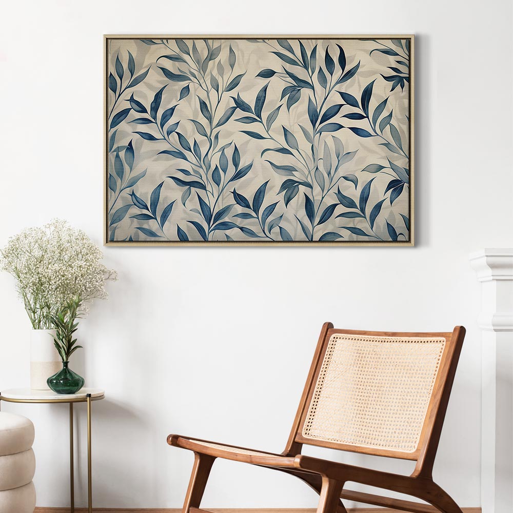 Navy blue bedroom with art